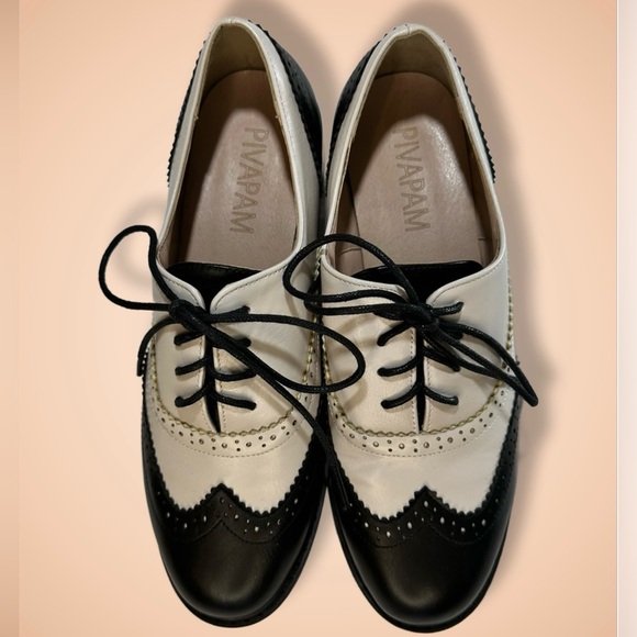 PIVAPAM Black and Beige(Pearl) 2-Toned Wing tip Brogue Oxford Saddle Shoes Sz 7 - Picture 2 of 9